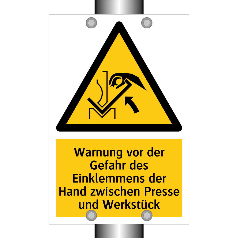 Warnung vor der Gefahr des Einklemmens der Hand zwischen Presse und Werkstück
