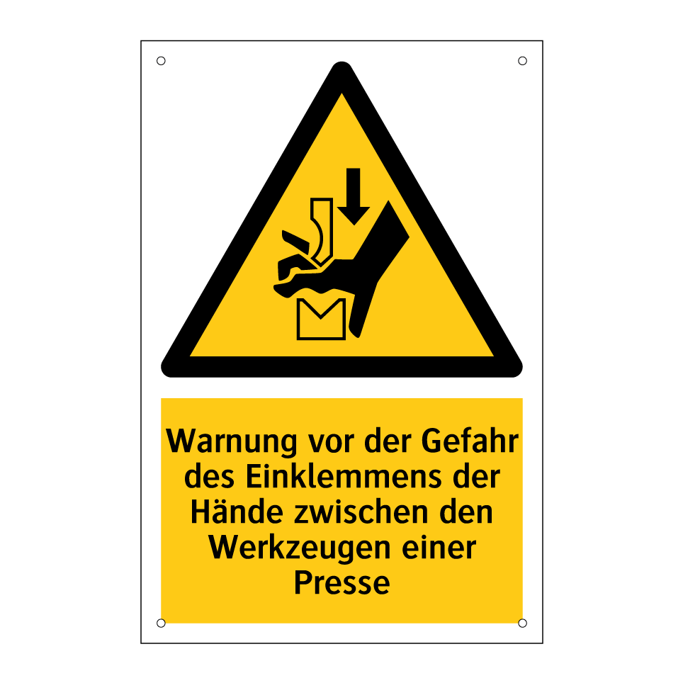 Warnung vor der Gefahr des Einklemmens der Hände zwischen den Werkzeugen einer Presse