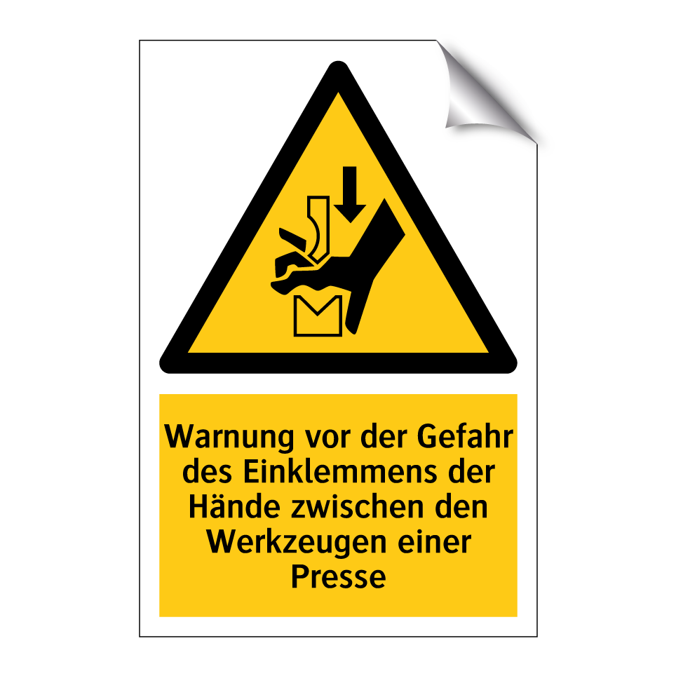 Warnung vor der Gefahr des Einklemmens der Hände zwischen den Werkzeugen einer Presse