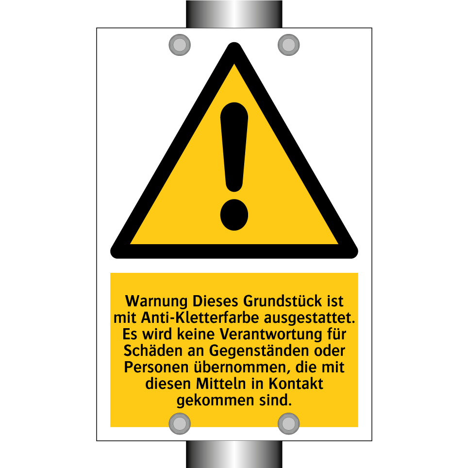 Warnung Dieses Grundstück ist mit Anti-Kletterfarbe ausgestattet. Es wird keine Verantwortung für Schäden an Gegenständen oder Personen übernommen, die mit diesen Mitteln in Kontakt gekommen sind.