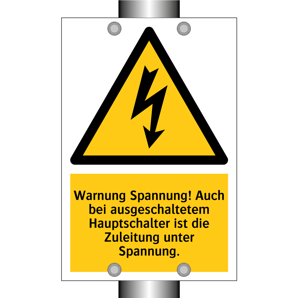 Warnung Spannung! Auch bei ausgeschaltetem Hauptschalter ist die Zuleitung unter Spannung.
