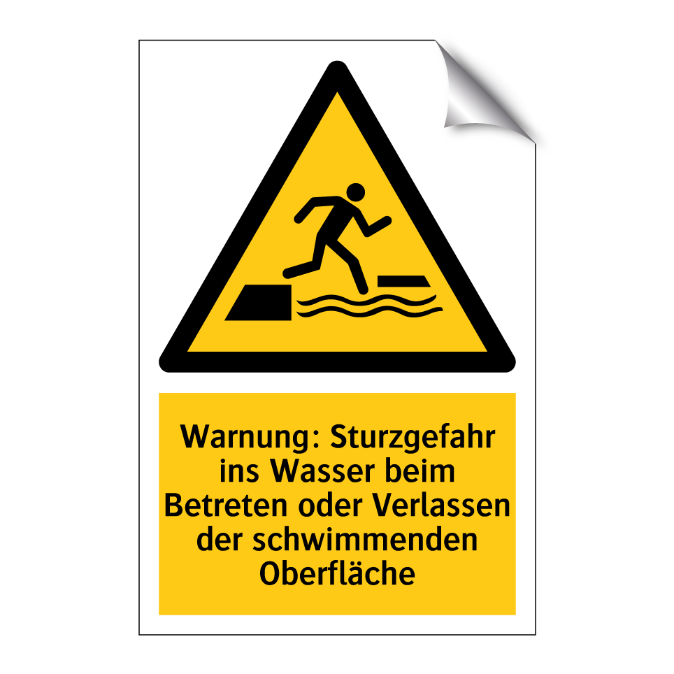 Warnung: Sturzgefahr ins Wasser beim Betreten oder Verlassen der schwimmenden Oberfläche