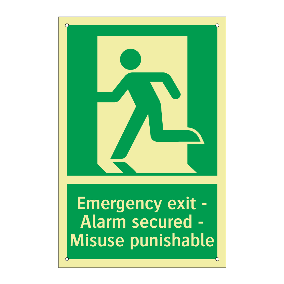 Emergency exit - Alarm secured - Misuse punishable