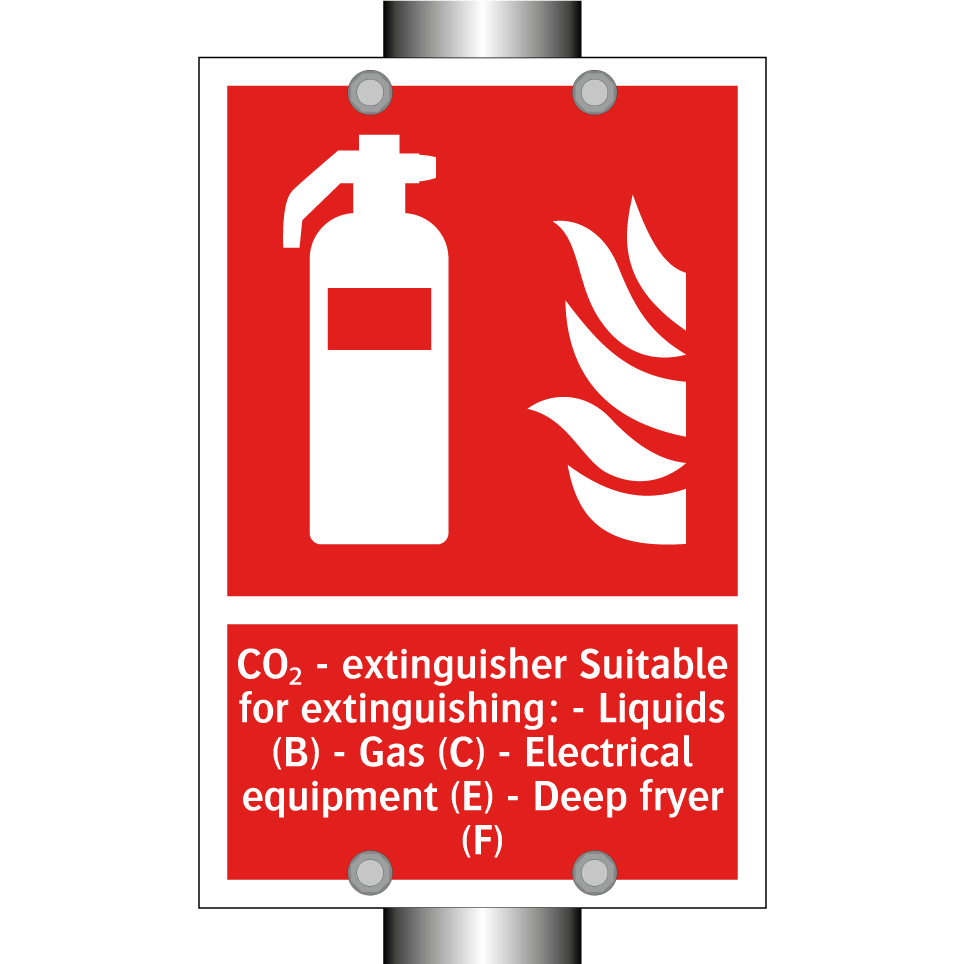 CO₂ - extinguisher Suitable for extinguishing: - Liquids (B) - Gas (C) - Electrical equipment (E) - Deep fryer (F)