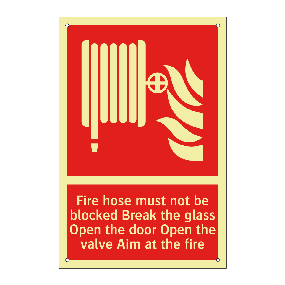 Fire hose must not be blocked Break the glass Open the door Open the valve Aim at the fire