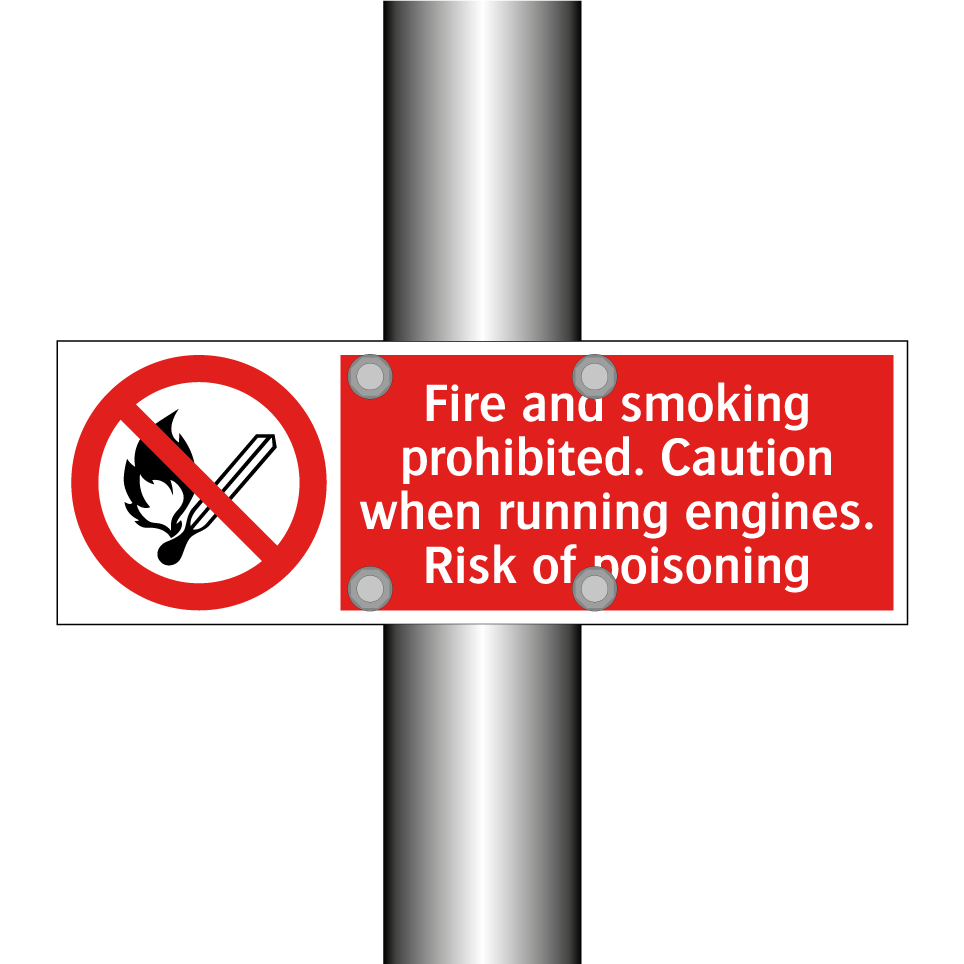 Fire and smoking prohibited. Caution when running engines. Risk of poisoning