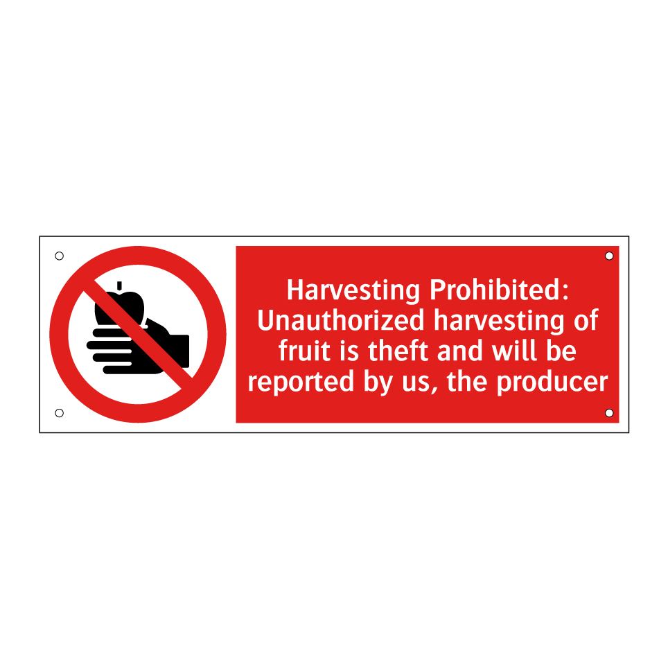 Harvesting Prohibited: Unauthorized harvesting of fruit is theft and will be reported by us, the producer