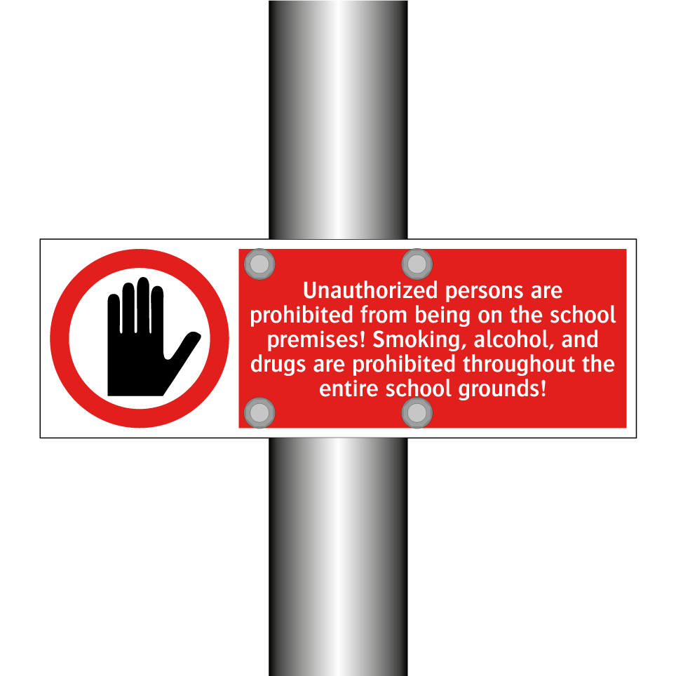 Unauthorized persons are prohibited from being on the school premises! Smoking, alcohol, and drugs are prohibited throughout the entire school grounds!