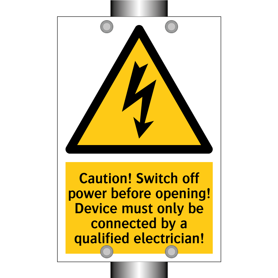 Caution! Switch off power before opening! Device must only be connected by a qualified electrician!