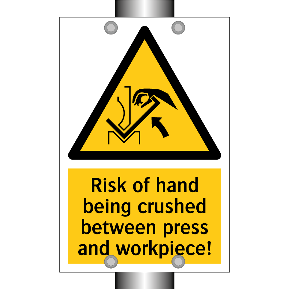 Risk of hand being crushed between press and workpiece!