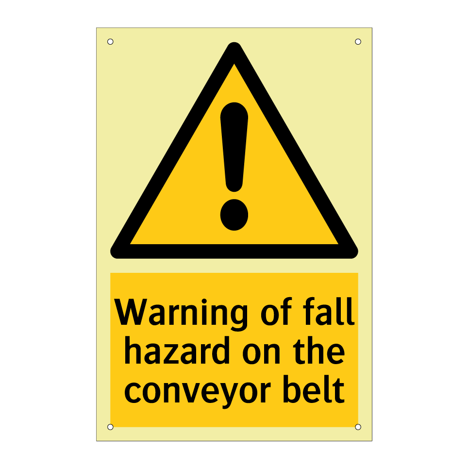 Warning of fall hazard on the conveyor belt