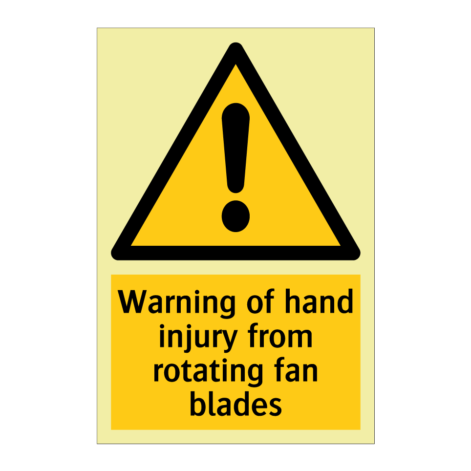 Warning of hand injury from rotating fan blades