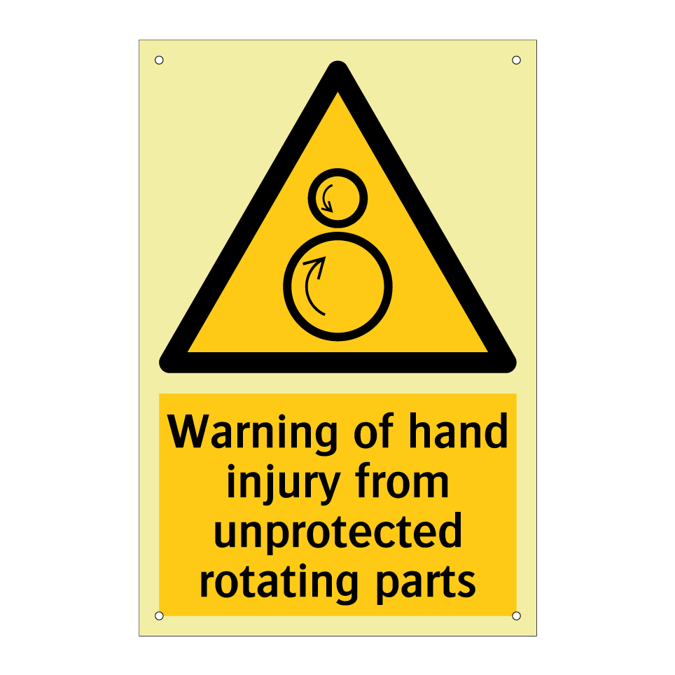 Warning of hand injury from unprotected rotating parts