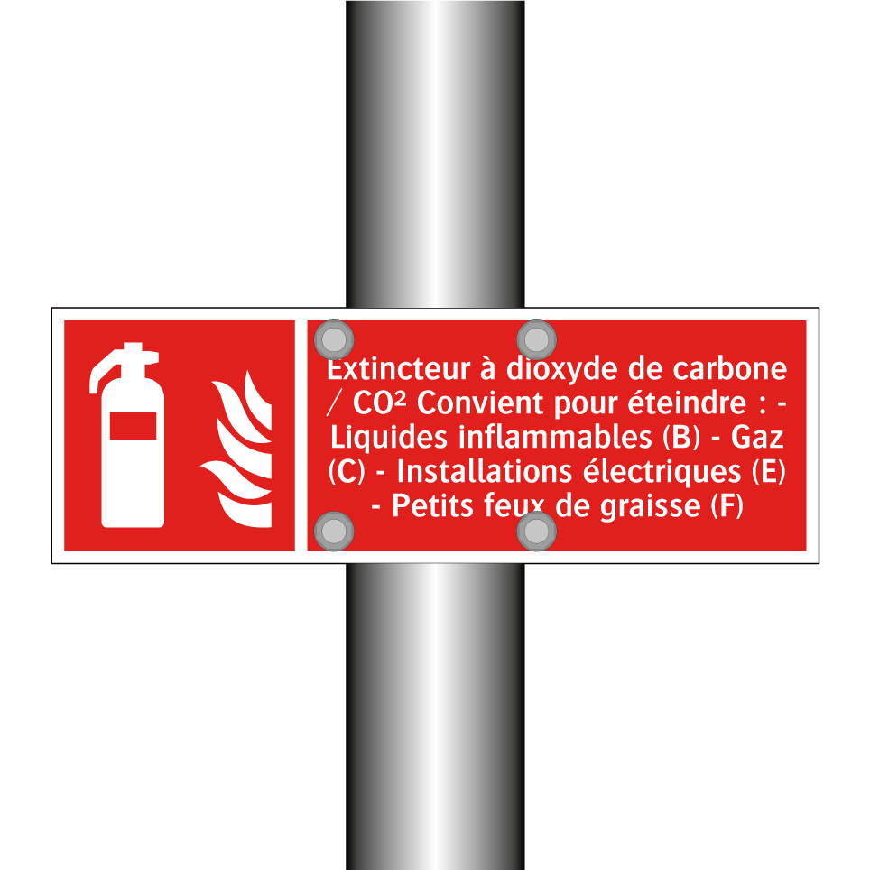 Extincteur à dioxyde de carbone / CO² Convient pour éteindre : - Liquides inflammables (B) - Gaz (C) - Installations électriques (E) - Petits feux de graisse (F)