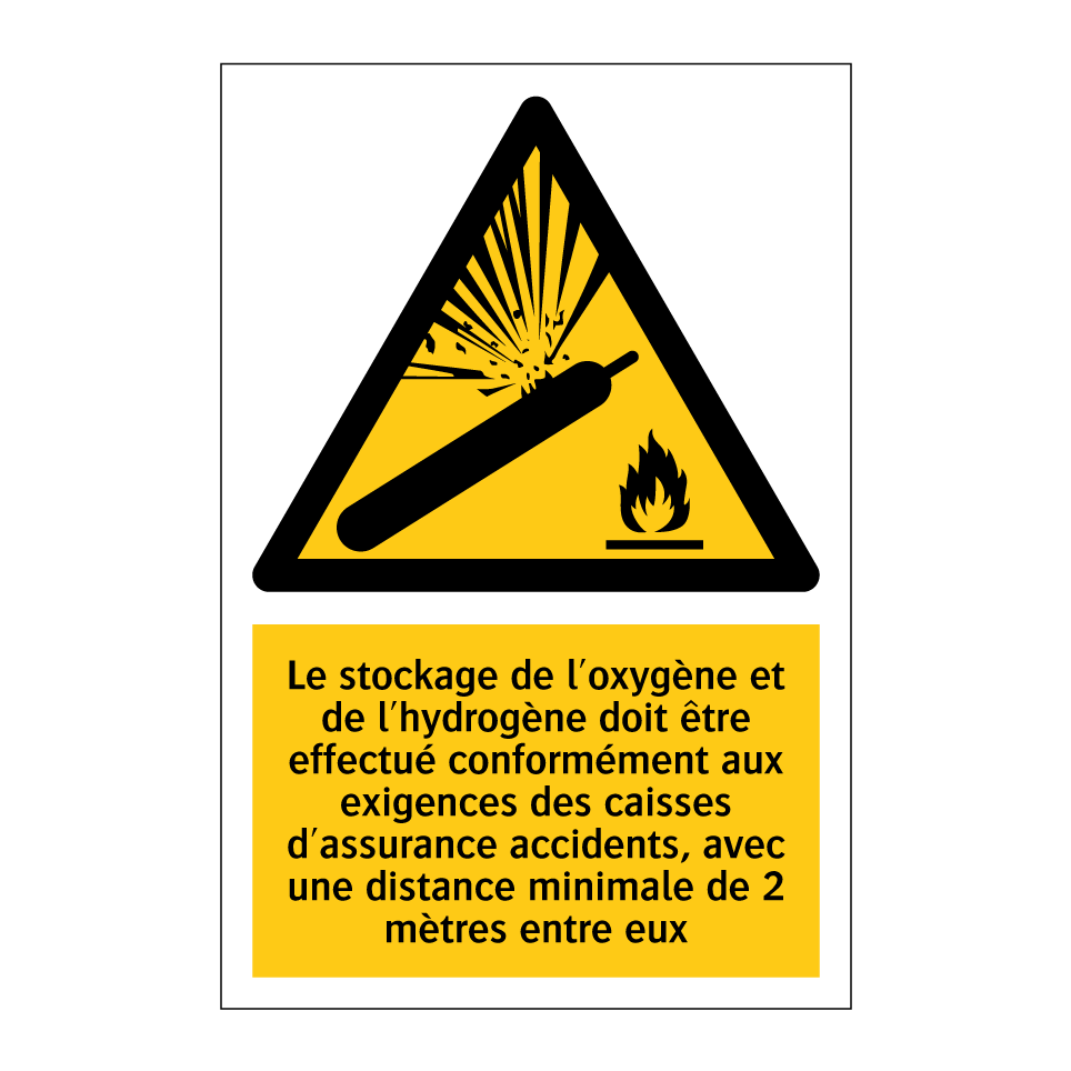 Le stockage de l'oxygène et de l'hydrogène doit être effectué conformément aux exigences des caisses d'assurance accidents, avec une distance minimale de 2 mètres entre eux