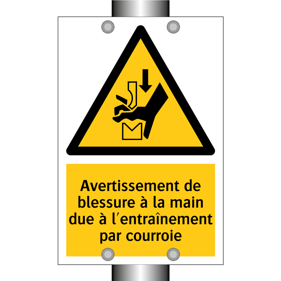 Avertissement de blessure à la main due à l'entraînement par courroie