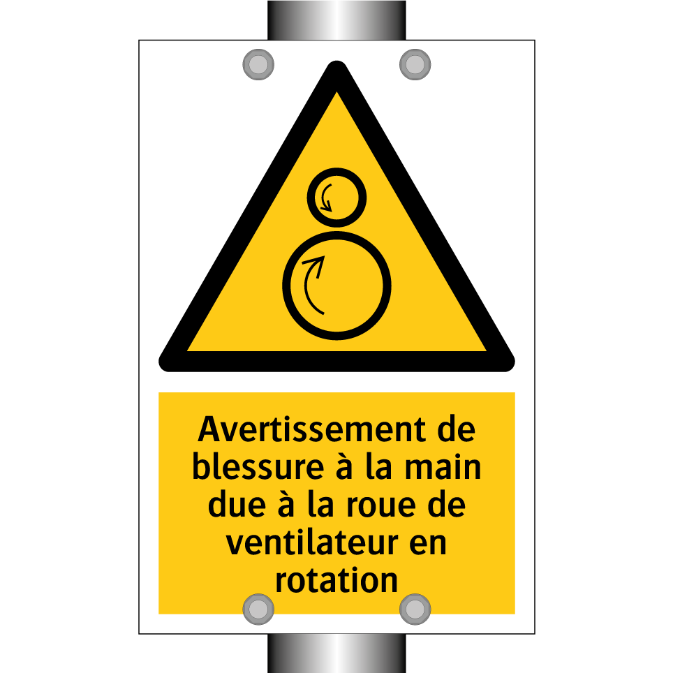 Avertissement de blessure à la main due à la roue de ventilateur en rotation