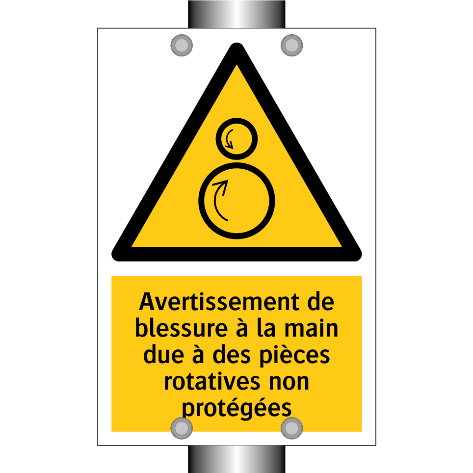 Avertissement de blessure à la main due à des pièces rotatives non protégées