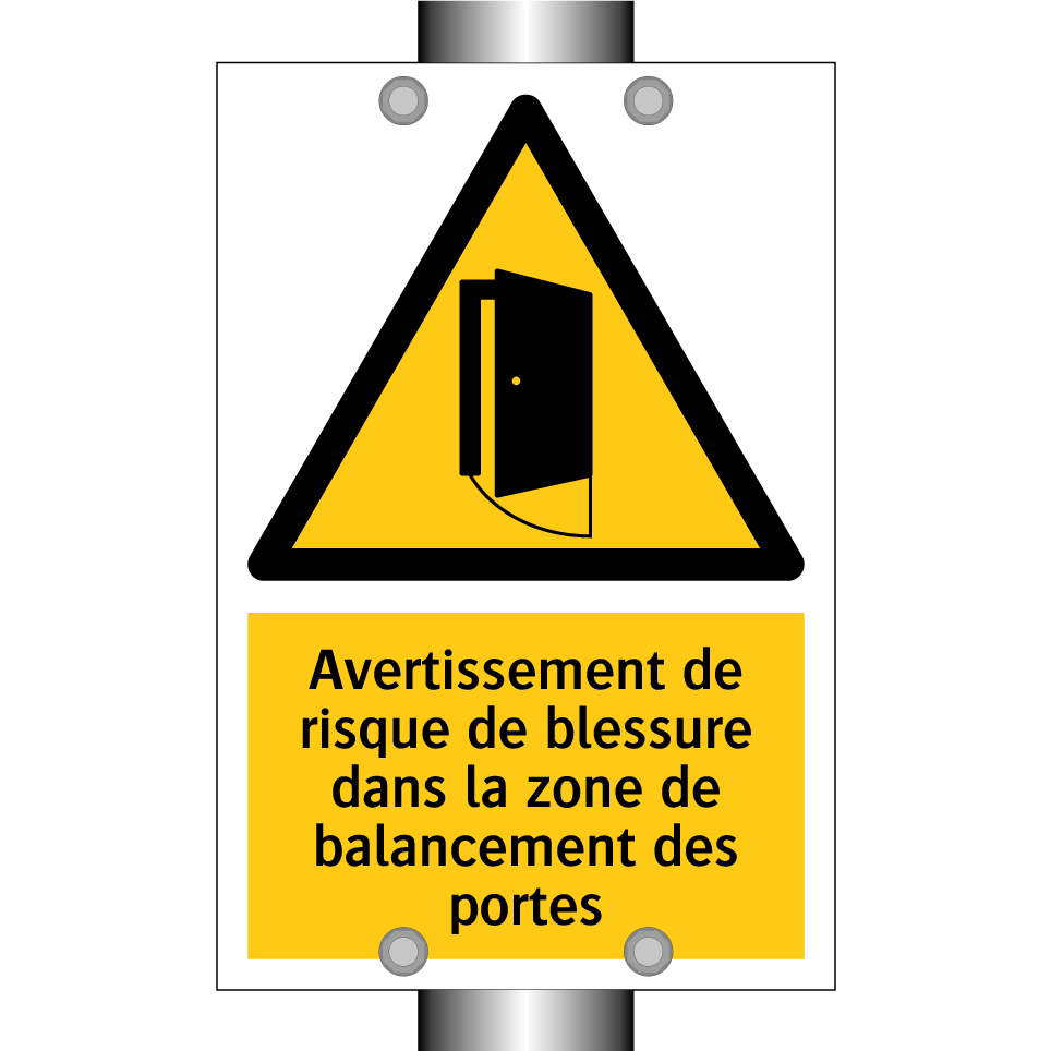 Avertissement de risque de blessure dans la zone de balancement des portes