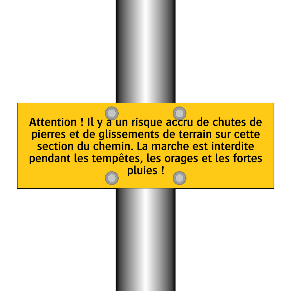 Attention ! Il y a un risque accru de chutes de pierres et de glissements de terrain sur cette section du chemin. La marche est interdite pendant les tempêtes, les orages et les fortes pluies !