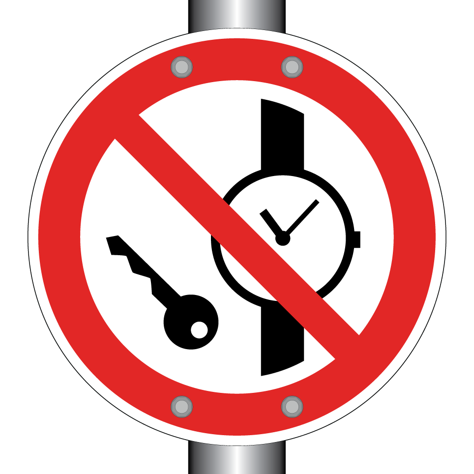 P008 Mitführen von Metallteilen oder Uhren verboten